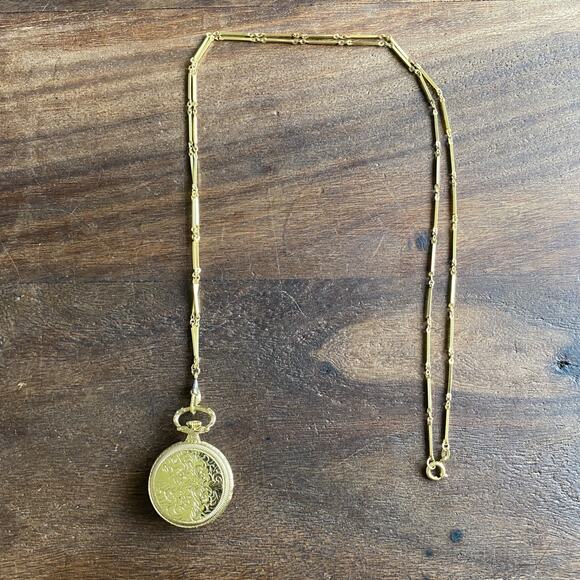 Bucherer Gold Tone Floral Engraved Pendant Pocket Watch w/ Chain *Read* - Picture 5 of 12